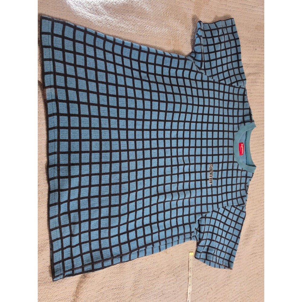 Supreme Grid Knit Short Sleeve Shirt Blue Black Men's Size M Embroidered Logo